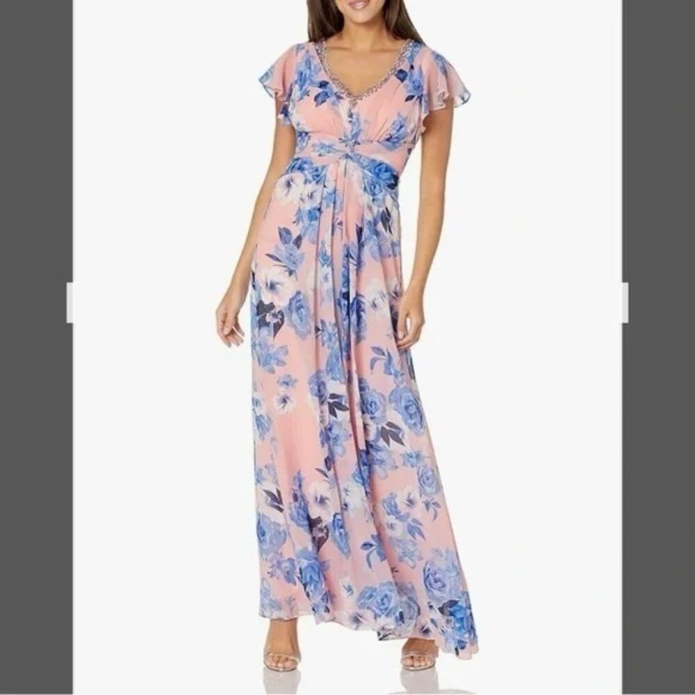 Eliza J Floral Embellished V Neck Flutter Sleeve Gown Dress Blue Pink 14P